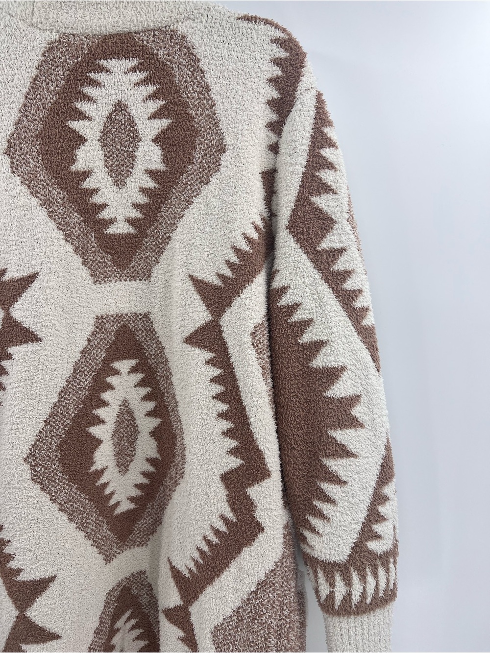 Boho Aztec Pattern Long Cardigan Cream Brown Open Front L - Picture 6 of 7